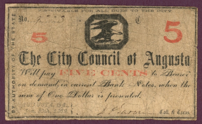 1862 City Council of Augusta, Georgia 5c Obsolete Note No.9223 (D60186)
