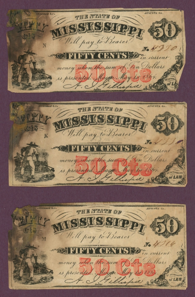 1864 State of Mississippi, Macon, MS 50c Obsolete Notes - Group of 5 (D61001)
