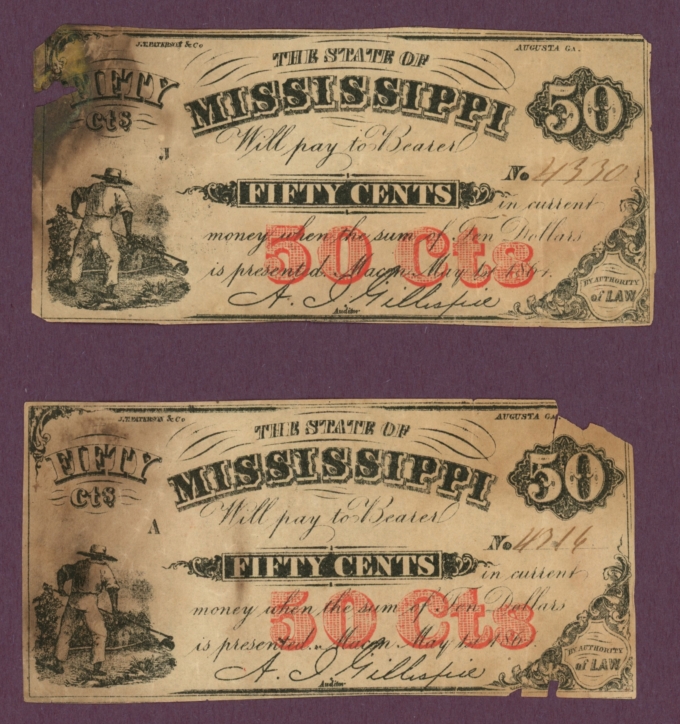 1864 State of Mississippi, Macon, MS 50c Obsolete Notes - Group of 5 (D61001)