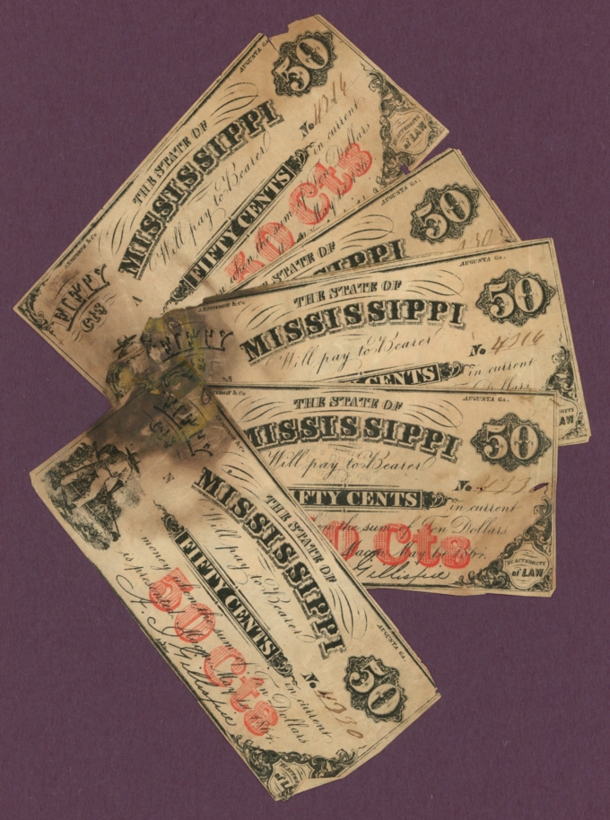 1864 State of Mississippi, Macon, MS 50c Obsolete Notes - Group of 5 (D61001)