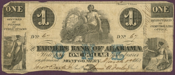 1862 Farmers Bank of Alabama AL $1 No.67 (DL0520)