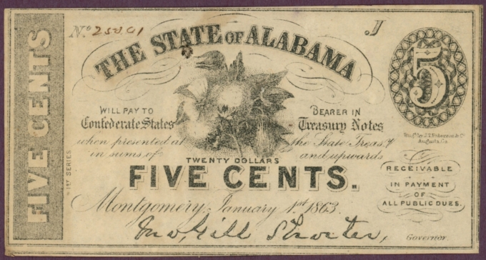 1863 State of Alabama AL 5c CR-11 No.25001 (DL0535)