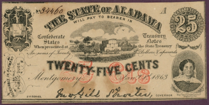 1863 State of Alabama AL 25c CR-6 No.34460 (DL0605)