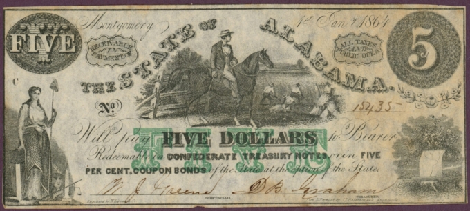1864 State of Alabama Montgomery AL $5 No.15435 (DL0632)
