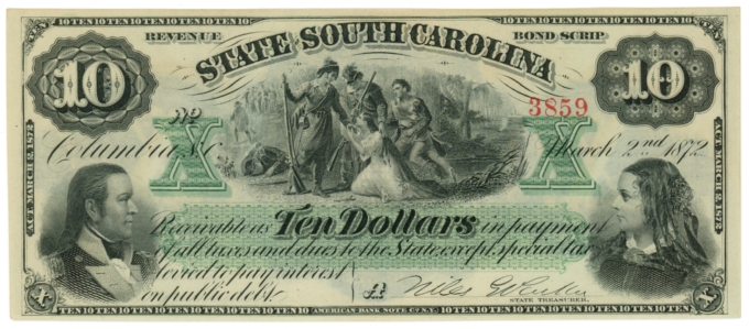 1872 State of South Carolina $10 SC No.3859 (L4443)