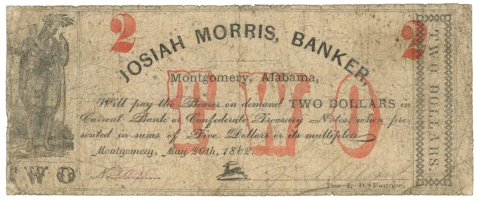 1862 Josiah Morris Banker Montgomery Alabama $2 AL (DL4532)