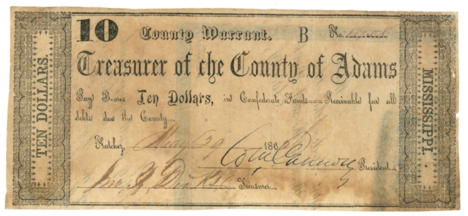 1862 Treasurer of the County of Adams $10 Natchez MS (L4706)