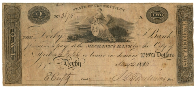 1825 Mechanics Bank State of Connecticut $2 CT (L4729)