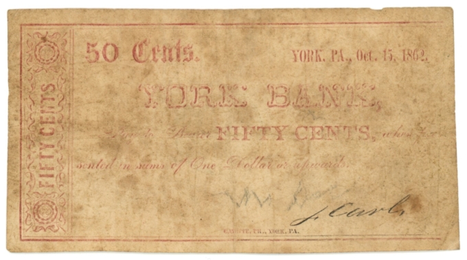 1862 York Bank, York, Pennsylvania 50c Obsolete Note (L4813)