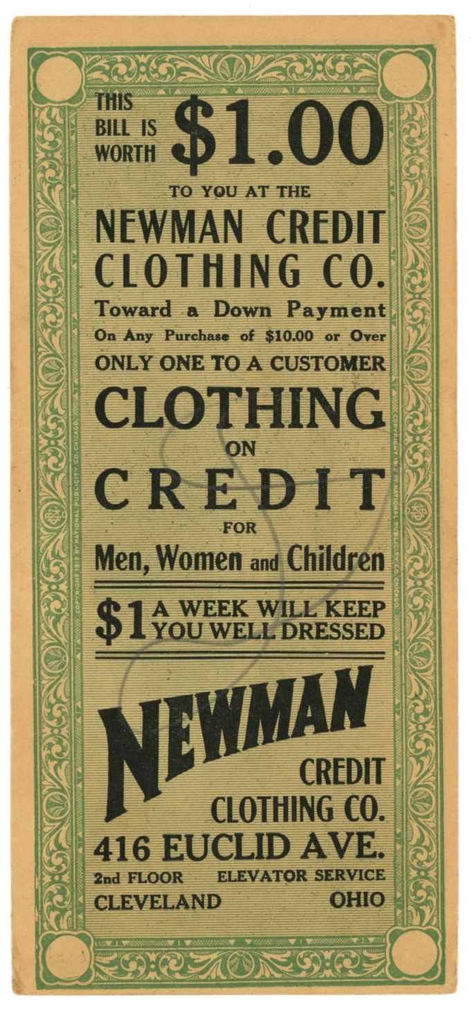 ND CSA Ad Newman Credit Clothing Co. $1 Cleveland OH (L4836)