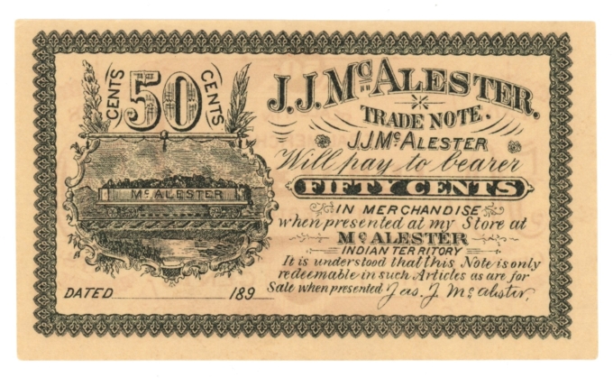 189_ J J McAlester Trade Note Oklahoma OK 50 Cents (L4839)