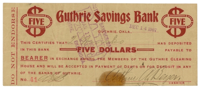 1907 Guthrie Savings Bank Oklahoma $5 OK (L4840)