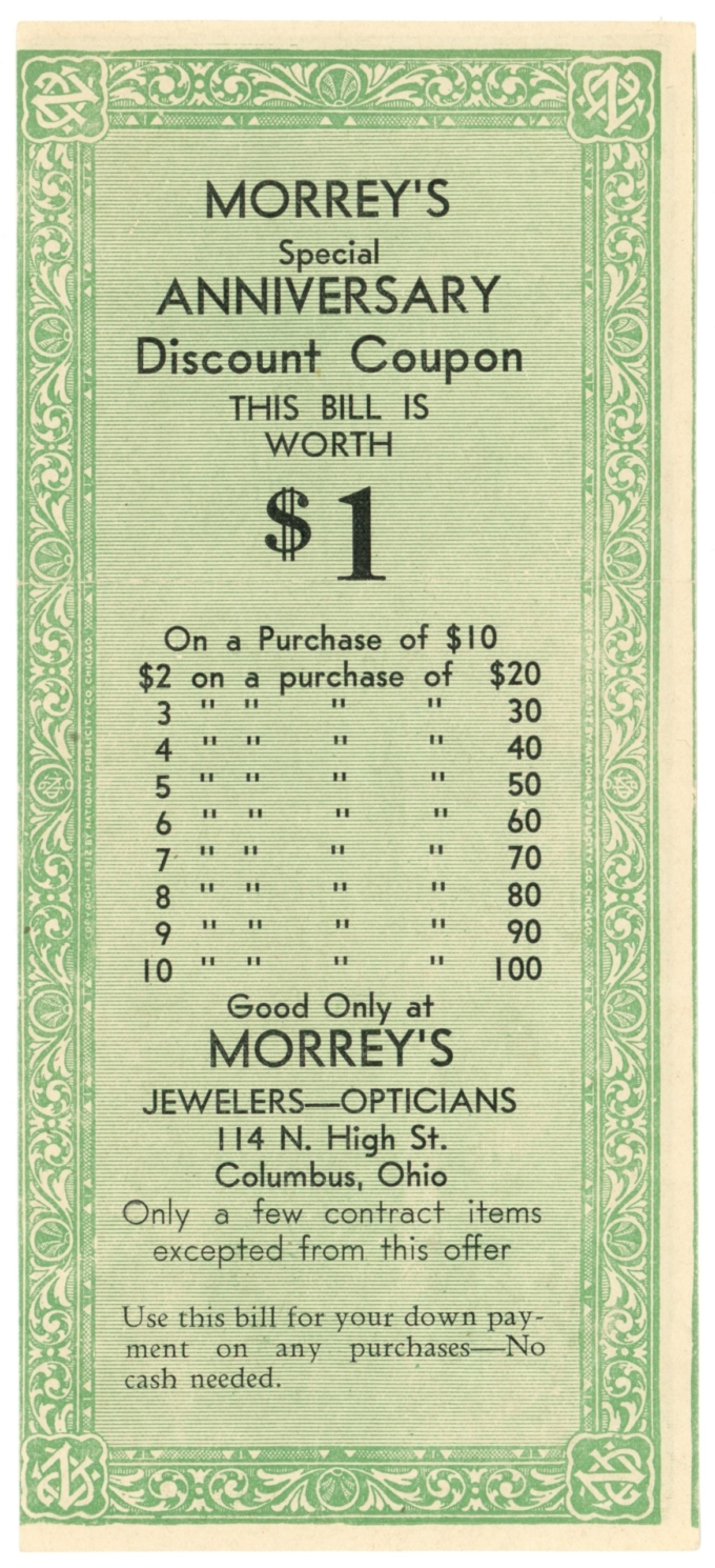 ND Morreys Special Anniversary Coupon $1 Columbus OH (L4843)