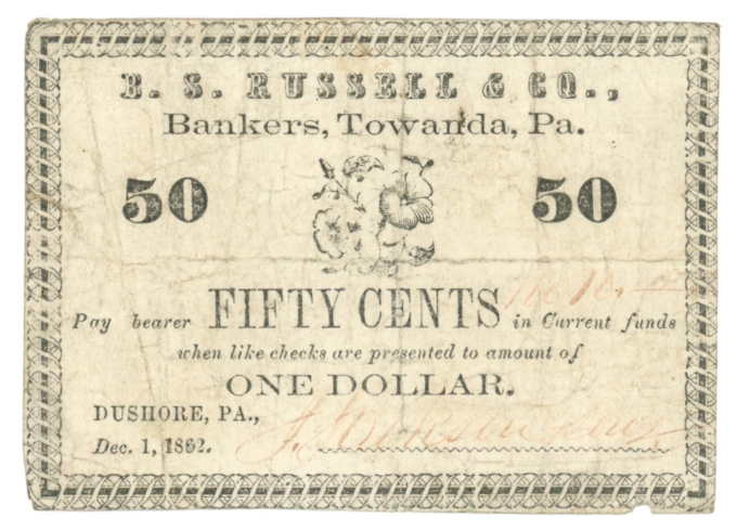 1862 B S Russell & Co. Bankers, Towanda Pennsylvania 50C PA (L4848)