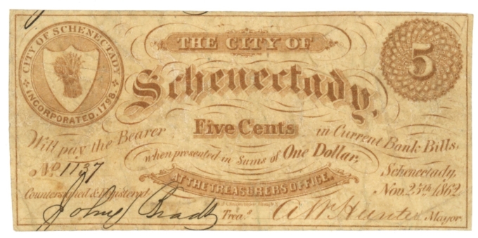 1862 City of Schenectady, New York 5c Obsolete Scrip No.1137 (63200)