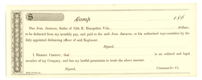 186X Joel Jenkins - 12th New Hampshire Volunteers Sulter Chit (63204)