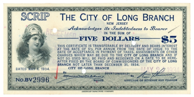 1934 City of Long Branch, New Jersey $5 Depression Era Scrip (63207)