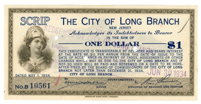 1934 City of Long Branch, New Jersey $1 Depression Era Scrip (63206)