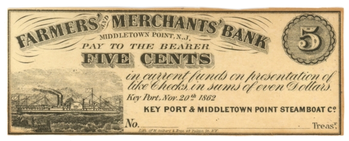 1862 Farmers & Merchants Bank, Middletown Point, NJ 5c Obsolete Note (63231)