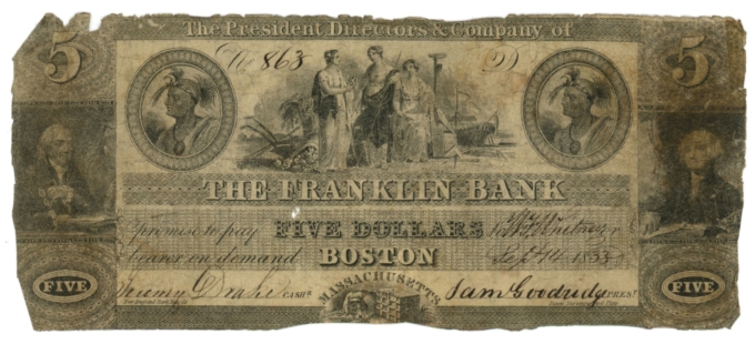 1833 Franklin Bank, Boston, Massachusetts $5 Obsolete Note No.863 (63233)