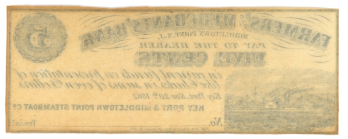 1862 Farmers & Merchants Bank, Middletown Point, NJ 5c Obsolete Note (63231)