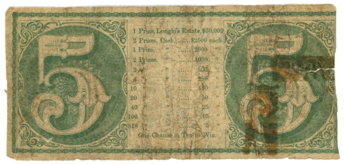 1872 Longhi's Estate & Brown's Cash Fund, New York $5 Raffle Ticket (63237)