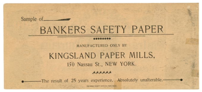 ND Kingsland Paper Mills, New York CSA Ad Note - Bankers Safety Paper (63238)