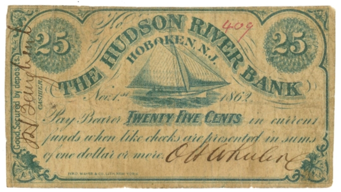 1862 Hudson River Bank, Hoboken, New Jersey 25c Obsolete Note (63165)
