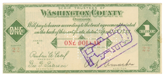 1933 Washington County Oregon $1 Depression Era Scrip (63264)