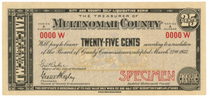 1933 Multnomah County Oregon 25c Depression Era Scrip - Specimen! (63266)