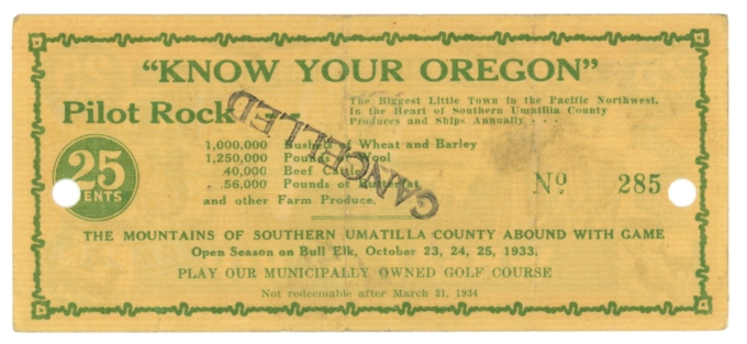 1933 Pilot Rock Commercial Association, Oregon 25c Wheat Scrip (63265)