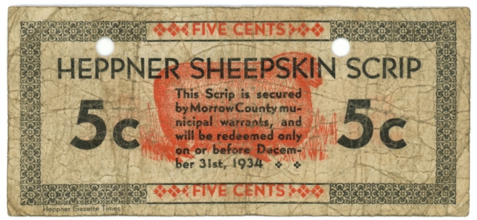 1934 Heppner Sheepskin Scrip, Heppner, Oregon 5c Depression Era Scrip (63267)