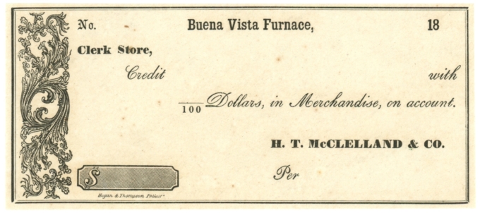 18XX H.T. McClelland & Co., Buena Vista Furnace PA Obsolete Credit Check (63277)