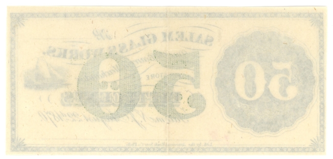 1870 Salem Glass Works, Salem, New Jersey 50c Obsolete Scrip (63292)