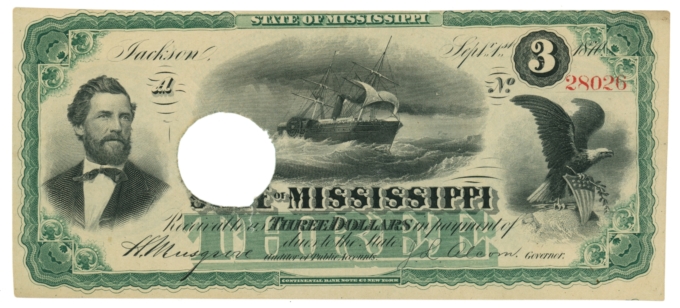 1870 State of Mississippi, Jackson, MS $3 Obsolete Note CR-51 (63294)