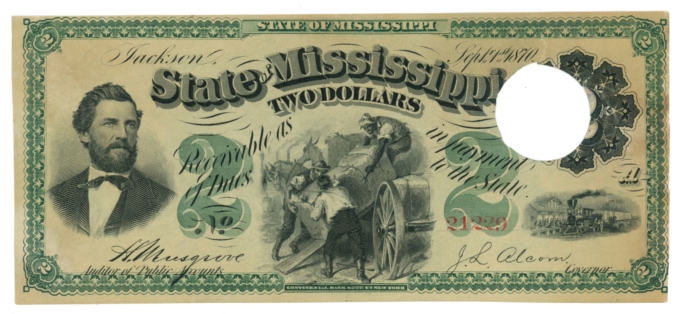 1870 State of Mississippi, Jackson, MS $2 Obsolete Note CR-52 (63293)