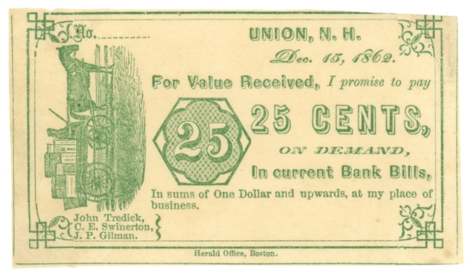 1862 Union, New Hampshire 25c Obsolete Scrip (63297)