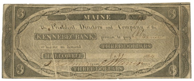 1824 Kennebec Bank, Hallowell, Maine $3 Obsolete Note (63328)