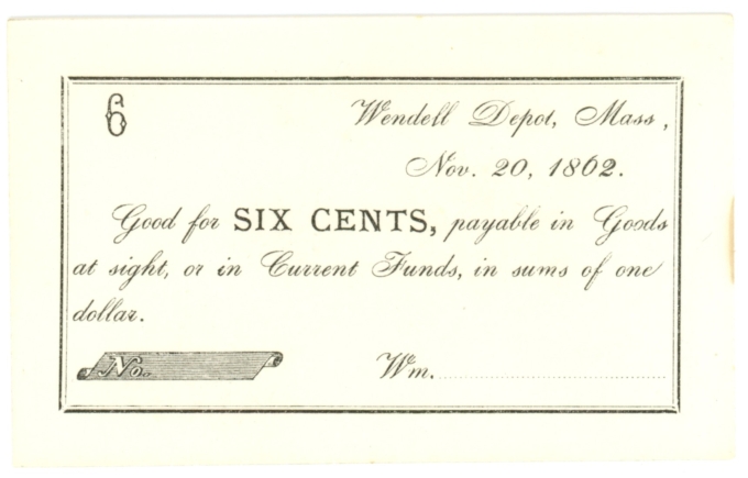 1862 Wendell Depot, Massachusetts 6c Obsolete Scrip (63330)