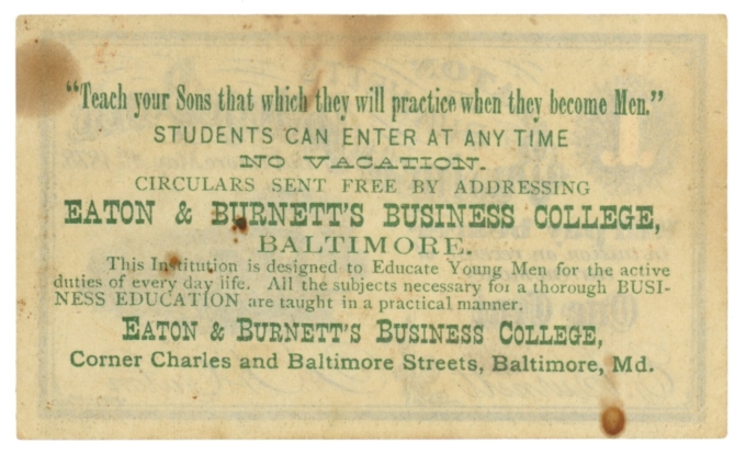 1878 Eaton & Burnett's Business College Bank, Baltimore, MD 1c Note (63332)