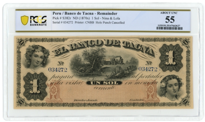 ND (1870's) Banco de Tacna, Peru 1 Sol Note PCGS 55 Pick-S382r (63302)