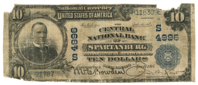 1902 PB Central NB of Spartanburg, South Carolina $10 NBN Ch#4996 (63317)