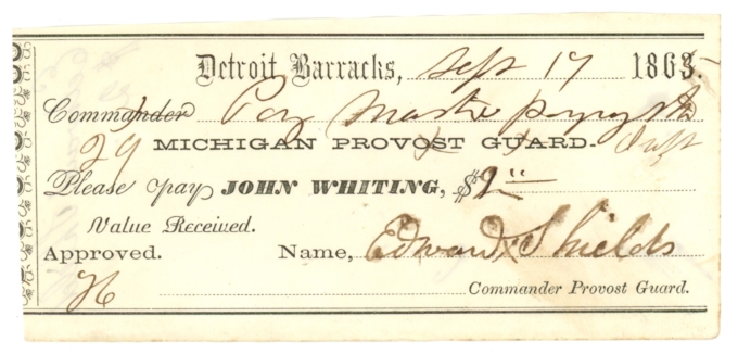 1865 Detroit Barracks - Michigan Provost Guard - Sutler Note (63345)