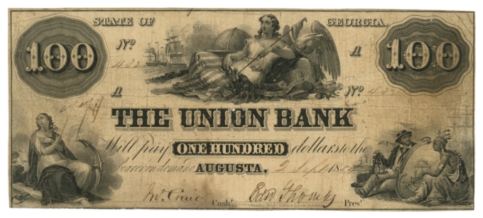 1854 Union Bank, Augusta, Georgia $100 Obsolete Note (63344)