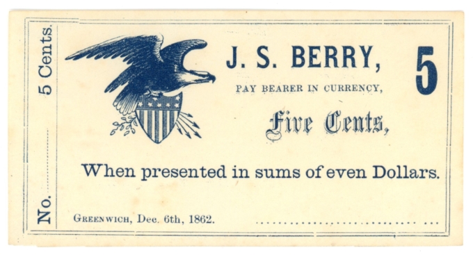 1862 J.S. Berry, Greenwich, Ohio 5c Obsolete Scrip (63343)