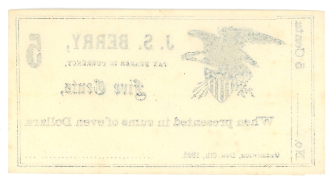 1862 J.S. Berry, Greenwich, Ohio 5c Obsolete Scrip (63343)