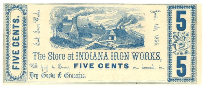 1856 Indiana Iron Works, Indiana, Pennsylvania 5c Obsolete Scrip (63347)