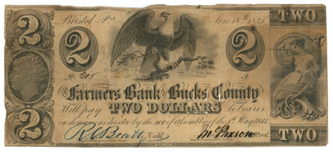 1841 Farmers Bank of Bucks County, Bristol, PA $2 Obsolete Note (63346)