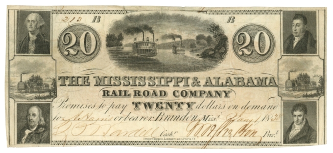 1838 Mississippi & Alabama RR Co., Brandon, MS $20 Obsolete Note (63350)