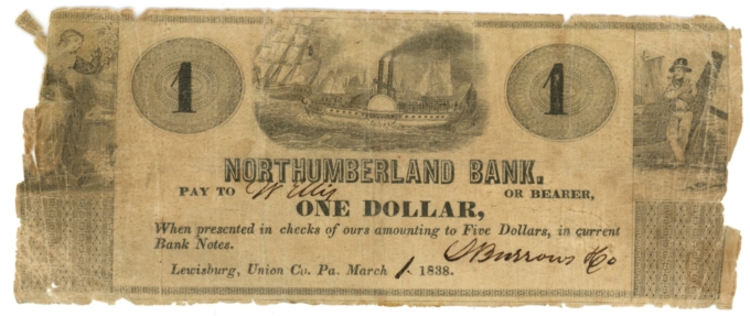 1838 Northumberland Bank, Lewisburg, Pennsylvania $1 Obsolete Note (63351)